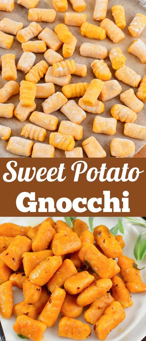 Sweet Potato Gnocchi Recipes Homemade, Healthy Sweet Potato Gnocchi, Sweet Potato Recipes Pasta, Homemade Sweet Potato Gnocchi, Sweet Potato Pasta Noodles, Meals With Sweet Potatoes, Sweet Potato Pasta Recipe, Sweet Potato Gnocchi Recipe, Sweet Potato Noodles Recipe