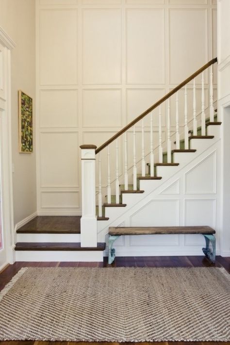 Milk and Honey wainscoting stairs Tall Wall Decor, درابزين السلم, Stair Newel Post, تحت الدرج, Wainscoting Stairs, Southern Cottage, Entry Stairs, Escalier Design, Staircase Remodel