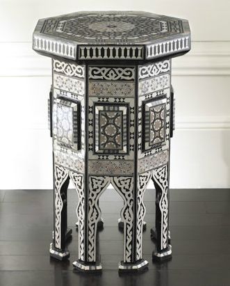 Neiman Marcus' Black Moroccan Table Morrocan Table, Mother Of Pearl Table, Pearl Table, Moroccan Bedroom, Moroccan Table, Marcus Black, Studio Photography Lighting, Wall Vase, Islamic Design