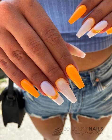 Bright Neon Orange Nails, Nails Summer White, Orange Nails Summer, Neon Orange Nails, Acrylic Nail Set, Ballerina Nails, Trendy Nail Design, Nails Summer, Summer White