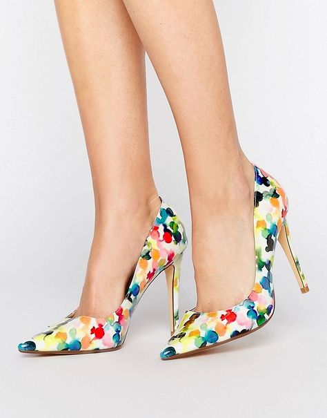 Dune Blossom Print Court Shoe Elegant Embroidered Pointed Toe Heels, Formal Floral Print Closed-toe Heels, Multicolor Floral Print Pointed Toe Heels, Chic Chic, Multicolor Floral Print High Heels, London Shoes, Trending Womens Shoes, Shoe Wardrobe, Patent Heels