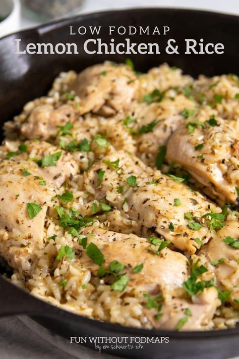 Low FODMAP Lemon Chicken and Rice is a cozy main dish flavored with Italian herbs and fresh lemon juice. This easy supper recipe is made with just seven ingredients in about 30 minutes - great for a busy weeknight! Low Fodmap Lemon Chicken, Fodmap Recipes Chicken, Low Fodmap Chicken Dinner, Low Fodmap Chicken Recipes Slow Cooker, Chicken Recipes Fodmap, Crock Pot Low Fodmap Recipes, Ostomy Friendly Recipes, Chicken Low Fodmap Recipes, Fodmap Rice Recipes