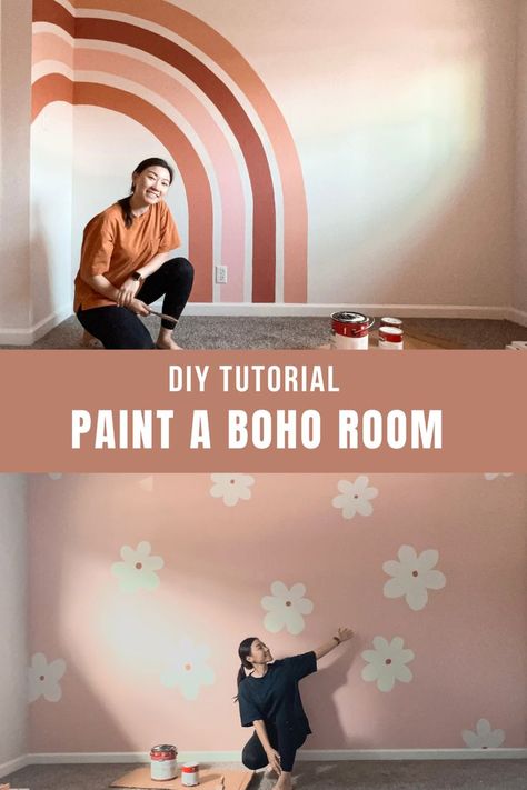 Boho Rainbow Mural, Rainbow Wall Paint, Paint A Daisy, Boho Rainbow Room, Diy Rainbow Wall, Boho Girls Room, Rainbow Wall Mural, Rainbow Mural, Daisy Wall