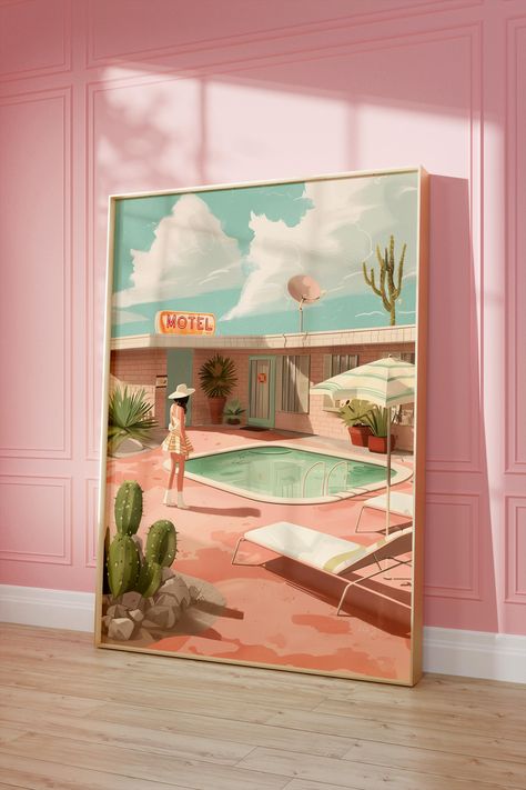 This beautiful piece is my own creation, so you wont find another like it! I hope you love it as much as I do! Retro Motel Art Print, Palm Springs Motel, Desert Motel Poster, Tropical Wall Decor, Pink Wall Art, Vintage Wall Art, Palm Springs Pool ➤ Please note: Frames are not included. Depending on the size of the print the art may be cropped to fit the aspect ratio. ➤ PRODUCT INFORMATION Bring out the best in your artwork with these museum-quality posters made of thick matte paper. Each poster Pink Palm Springs Aesthetic, Retro Pink Bedroom, Vintage Tropical Art, Palm Springs Color Palette, Palm Springs Motel, Airbnb Palm Springs, Palm Springs Bathroom, Palm Springs Bedroom, Desert Motel