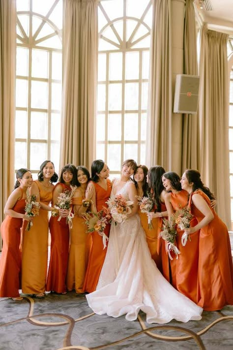 Orange Bridesmaid Dresses Mismatched, Bridesmaid Dresses Color Palette, Tangerine Bridesmaid Dresses, Tangerine Wedding, Marigold Wedding, Orange Weddings, Orange Wedding Themes, Orange Wedding Colors, Fall Wedding Bridesmaids