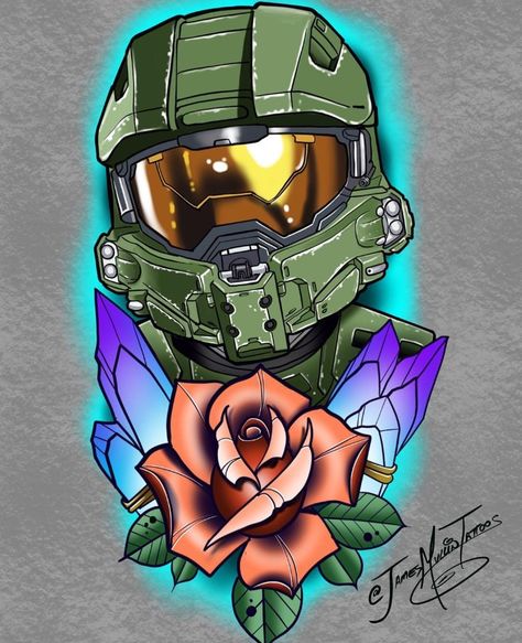 Master Chief Tattoo Design, Halo Game Tattoo, Halo Tattoo Design, Halo Spartan Art, Master Chief Tattoo, Halo Tattoo Ideas, Master Chief Art, Video Game Tattoo Ideas, Halo Drawing