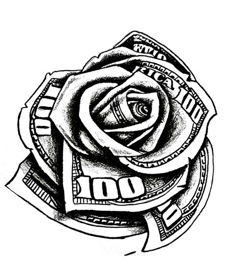 Money And Time Tattoo, Crip Tattoos Designs, Roses And Clock Tattoo Design, Money Rose Drawing, Money Roll Tattoo Design, Rose Money Tattoo, Get Rich Or Die Trying Tattoo, Money Bag Tattoo On Hand, Money Bag Tattoo Design