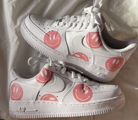 Nike Crew Socks, Pink Smiley Face, Custom Nike Air Force 1, Custom Nike Air Force, Pink Smiley, Painted Nikes, Nike Shoes Air Force, Nike Air Force 1s, All Nike Shoes