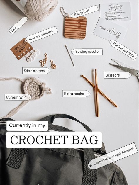 Crochet supplies and tools Diy Bag For Crochet Supplies, Crochet Bag For Crochet Supplies, Crochet Supply Bag, Must Have Crochet Supplies, Bag For Crochet Supplies, Crochet Supplies Bag, Crocheting Supplies, Bag Supplies, Crochet Backpack