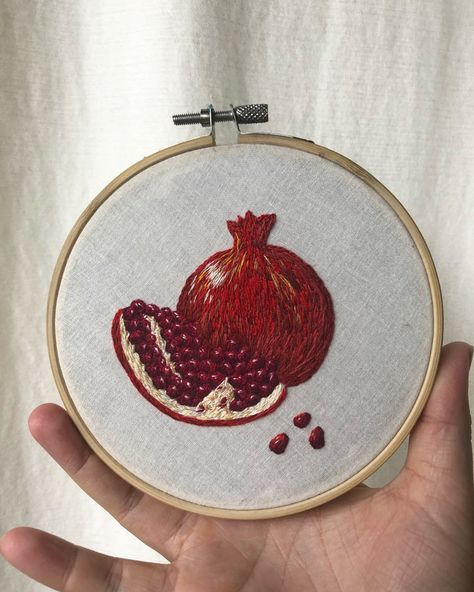 Original hand stitched pomegranate embroidery on a 5 in hoop Pomegranate Embroidery, Sketchbook Ideas Inspiration, Pomegranate Art, Tambour Beading, Embroidery 3d, Art Dolls Cloth, Embroidered Art, Hand Embroidery Projects, Macrame Patterns Tutorials