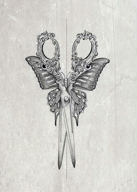 Butterfly scissors Cosmetology Tattoos, Shears Tattoo, Hairdresser Tattoos, Hairstylist Tattoos, Sewing Tattoos, Kunst Tattoos, Lijiang, Stylist Tattoos, Sewing Scissors