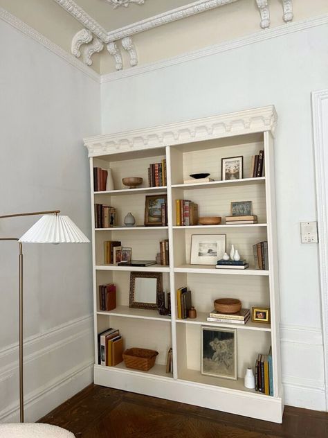 Billy Bookcase Molding, Add Molding To Bookcase, Billy Bookcase Moulding, Ikea Billy Wallpaper, Finnby Bookcase Hack, Add Trim To Bookcase, Ikea Billy Styling, Billy Bookcase Trim, Floating Shelf Bookshelf