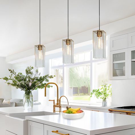 Elegant Gold 1-Light Modern Water Rippled Glass Kitchen Island Pendant Light for Dining Room - 5"W x 13.5"H - On Sale - Bed Bath & Beyond - 36061401 Transitional Island Pendants, Kitchen Island Lighting Ideas Modern, Island Lights Kitchen Pendant, 2 Pendant Lights Over Island, Cabinet Color Schemes, Brass Kitchen Light Fixtures, Modern Pendant Lighting Kitchen Island, Kitchen Lights Over Island, Kitchen Lighting Ideas Over Island