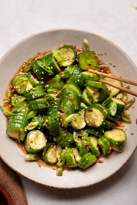 Spicy Cucumber Salad (spiral accordion cucumbers) - Healthful Blondie Accordion Cucumber, Asian Chicken Meatballs, Thanksgiving Favorites, Ahi Tuna Steak, Spicy Cucumber Salad, Spicy Cucumber, Cucumber Salad Recipe, Asian Cucumber Salad, Mini Cucumbers