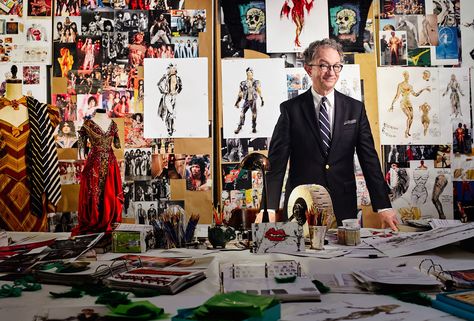 William Ivey Long, photographed in his New York studio, in front of his mood boards for the <em>Rocky Horror Picture Show</em> TV movie. Photograph by Jonathan Becker. Costume Design Mood Board, Costume Designer Studio, Costume Designer Aesthetic, Rocky Horror Picture Show Set Design, Brad Majors Rocky Horror, Brad Rocky Horror Picture Show, Rocky Horror Picture Show Tim Curry, Costume Storage, Rocky Horror Floor Show