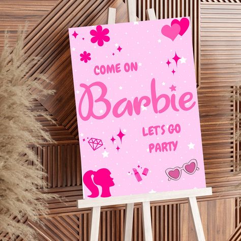 Barbie welcome sign and cocktail menu for the perfect girls night! 18th Barbie Themed Birthday Party, Barbie Themed Birthday Party Decor Table Settings, Barbie 21st Birthday Party, Adult Barbie Party Ideas, Barbie Cocktail, Barbie Bday, 18th Party, Barbie Party Decorations, 32nd Birthday