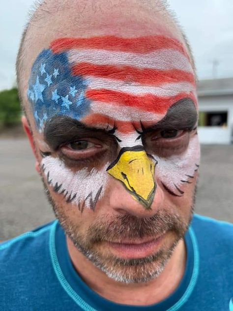 Usa Flag Face Paint, Usa Theme Face Paint, Usa Body Painting, Bald Eagle Face Paint, Usa Football Theme Face Paint, Face Paint Designs For Football Games, American Flag Makeup, Usa Face Paint Football, American Flag Face Paint