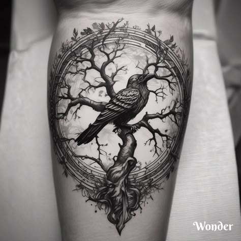 Crow Goddess Tattoo, Raven And Tree Tattoo, Raven Sleeve Tattoos For Women, Raven Thigh Tattoo Women, Crow Sleeve Tattoo, Norse Tree Of Life Tattoo, Tree Of Life Tattoo Men, Oracle Tattoo, Round Tattoos