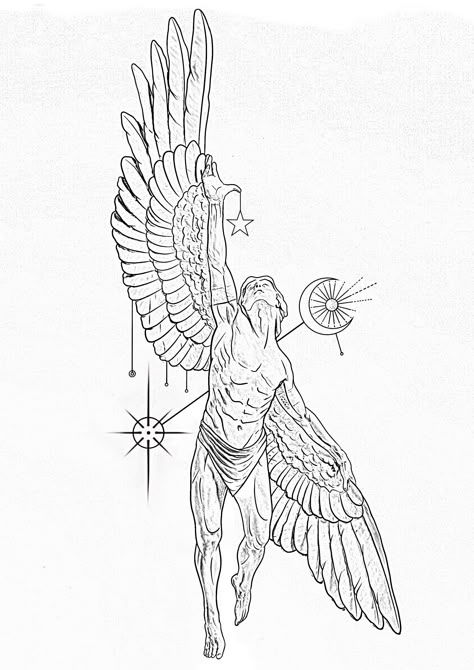 2.5 Inch Tattoo, Icarus Flying Tattoo, Angel Tattoo Stencils, Icarus Tattoo, Zeus Tattoo, Greek Mythology Tattoos, 4 Tattoo, Mythology Tattoos, Geniale Tattoos