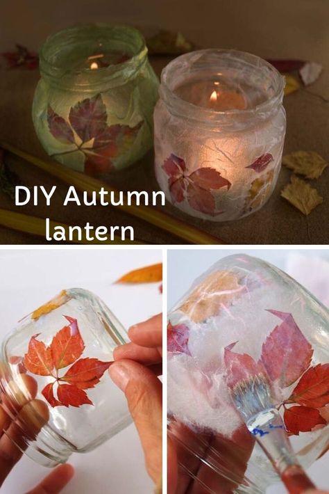 Decorate a glass jar with autumn leaves and rice paper.  You can glue it with a decoupage glue. When the glue is dry, the whole jar gets a milky effect and the leaves will look as if caught in the first autumn frost. Add tealights and enjoy the calming effect. #diyfallideas #autumn #decoupage #autumncrafts Fall Glass Jar Decor, Tissue Paper On Glass Jars, How To Decorate A Glass Jar, Decoupage On Glass Bottles, How To Decorate Glass Jars, Glass Jar Crafts For Kids, How To Paint A Glass Jar, Glass Jar Lanterns Diy, Glass Jar Lanterns