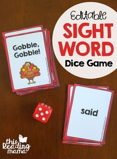 Editable Sight Word Dice Game FREE - This Reading Mama Sight Word Games For Kindergarten, Word Games For Kindergarten, Editable Sight Word Games, Games For Kindergarten, Sight Word Fun, Thanksgiving Games For Kids, Thanksgiving School, Teaching Sight Words, Sight Word Cards