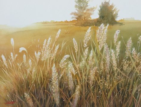 Abe Toshiyuki watercolor of golden wheat grass and field  #watercolor #realism #paintings Easy Nature Paintings, Canvas Art Painting Acrylic, Acrylic Painting Inspiration, Grass Painting, Art Nouveau Flowers, Art Nouveau Floral, Рисунки На Холсте, Watercolor Landscapes, Diy Canvas Wall Art