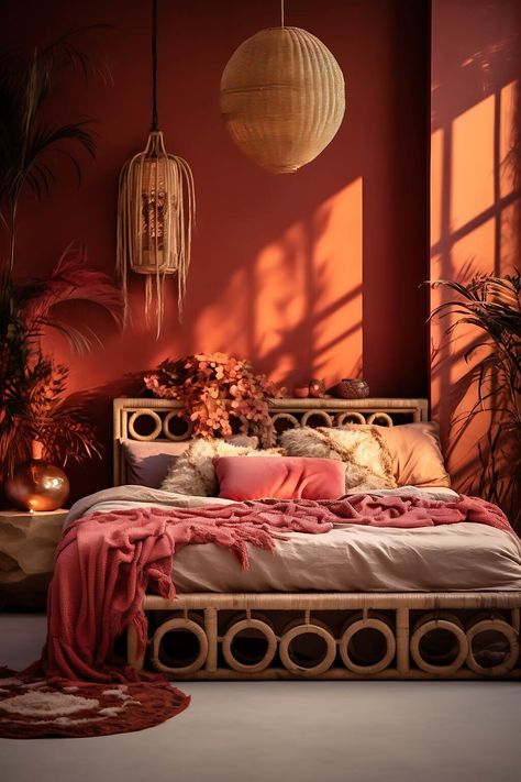 Dark Boho Bedroom, Dark Boho, Modern Boho Bedroom, Boho Bedroom Design, Bedroom Orange, Bedroom Decor Inspiration, Bohemian Bedroom Decor, Bedroom Red, Small Bedroom Decor