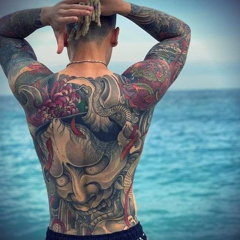 Vietnamese Back Tattoo, Japanese Back Piece Tattoo, Traditional Tattoo Back Piece, Japanese Demon Tattoo, Japanese Back Tattoo, Full Chest Tattoos, Backpiece Tattoo, Niigata Japan, Yakuza Tattoo