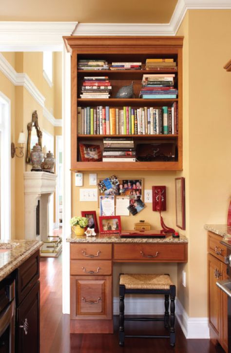 Kitchen Desk...maybe a small stool instead of my chair? Kitchen Desk With Bookshelves, Kitchen Desk Studty, Kitchen Desk Area Repurpose To Pantry, Vintage Desk Kitchen Island, Writing Desk With Hutch, Kitchen Desk Organization, Desk Organization Ideas, Landing Ideas, Command Centers