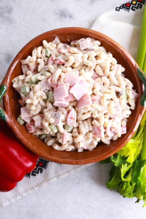 Ensalada de Coditos (Mexican Macaroni Salad) Coditos Salad, Mexican Macaroni Salad Recipe, Mexican Macaroni, Ham Pasta Salad, Mexican Macaroni Salad, Roasted Bell Peppers, Potato Pasta, Recipes Authentic, Mustard Dressing