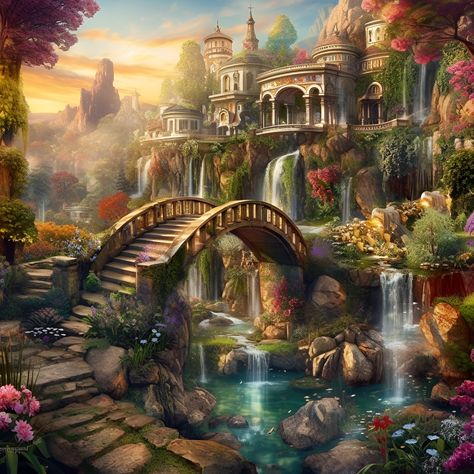 Elf Kingdom Fantasy Art, Fantasy Garden Art Magic, Fantasy Oasis, Garden Design Plans Drawing, Gardener Quotes, Magic Building, Elf Garden, Elf Village, Worlds Within Worlds