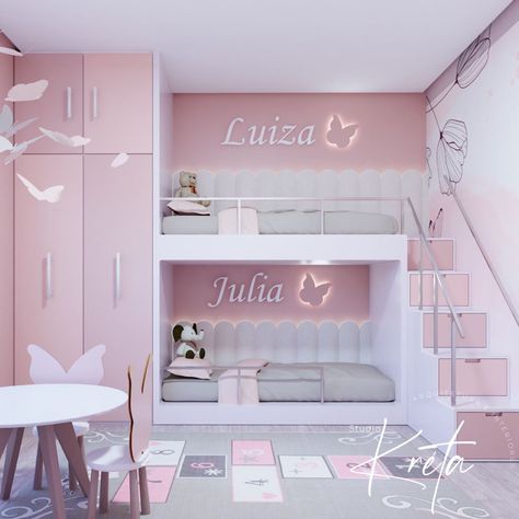 Small Bunk Bedroom Ideas, Bedroom Ideas For Small Rooms Bunk Beds, Pink Twin Bedroom, Twin Girl Bedrooms, Bedroom Wallpaper Ideas, Girls Room Design, Small Room Design Bedroom, Kids Room Interior Design, Kids Bedroom Inspiration