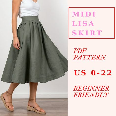 The midi lisa skirt pdf sewing pattern is  a must have for your sewing projects. With this pattern, you can create  beautiful midi circle skirt that is gathered on the waistline and with a large waistband suitable for any season due to the high range of fabrics that you can use. This full gathered circle skirt sewing pattern is beginner-friendly. It includes detailed sewing instructions to ensure that everyone can easily follow along. This easy sewing pattern is available in 12 sizes, from US 0 Jersey Knit Skirt Pattern, High Waisted Skirt Pattern Free, Bell Skirt Pattern, Full Circle Skirt Pattern, 50s Skirt Pattern, Maxi Skirt Pattern Free, Simple Skirt Pattern, Easy Circle Skirt, Gathered Skirt Pattern