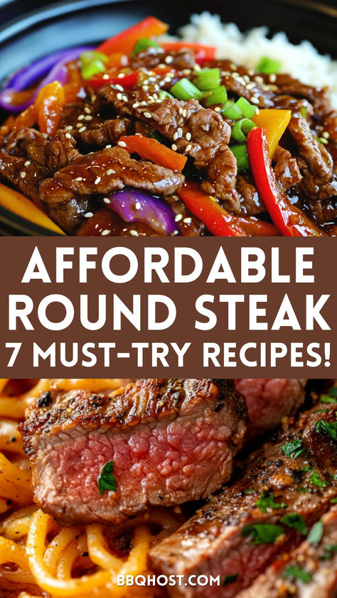 Looking for tasty ways to cook round steak? From pan-seared to crockpot steak and gravy, these round steak recipes are sure to impress. Whether you're craving stir-fried pepper steak or cheesy chili round steak, you'll find a recipe that fits your dinner plans. Save for later and check out the blog for the complete guide! Crockpot Steak And Gravy, Round Steak Recipes Crock Pot, Crockpot Round Steak Recipes, Beef Round Steak Recipes, Bottom Round Steak Recipes, Round Eye Steak Recipes, Top Round Steak Recipes, Tenderized Round Steak, Crockpot Steak Recipes