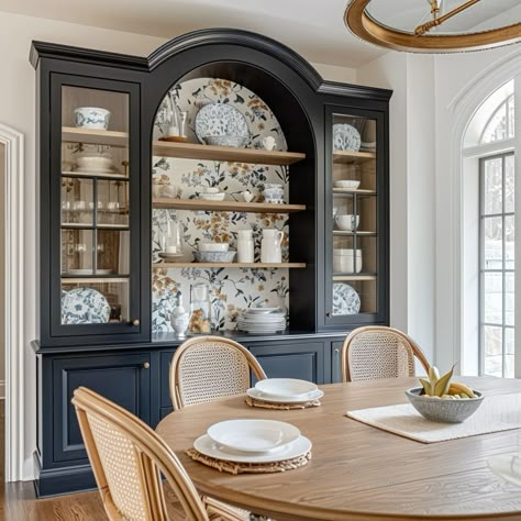 Displaying China On Wall, Dining Room China Display, Wallpaper Inside Hutch, Built In China Cabinet Dining Room Display, Dining Room Display Cabinet Ideas, China Cabinet With Wallpaper Back, Wallpaper In Hutch, Dining Room Hutch Built In, Hutch With Wallpaper