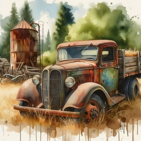 Farm Truck Painting, Old Truck Paintings, Old Farm Truck, Truck Images, Abstract Painting Acrylic Modern, Old Truck, Old Pickup Trucks, Scenery Pictures, Vintage Tractors