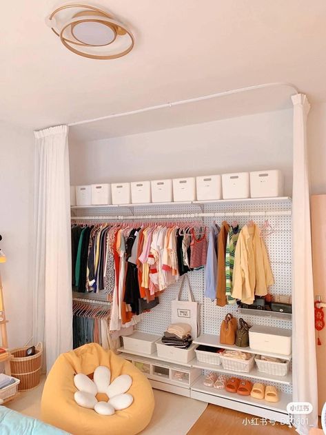 Bedroom Ideas For Small Rooms With Wardrobe, Bed Next To Closet Small Bedrooms, Wardrobe Room Ideas Diy, Tiny Bedroom With Wardrobe, Adding Closet To Room, Tiny Room Closet Ideas, Studio Apartment Wardrobe Ideas, Diy No Closet Solution, Clothing Studio Interior