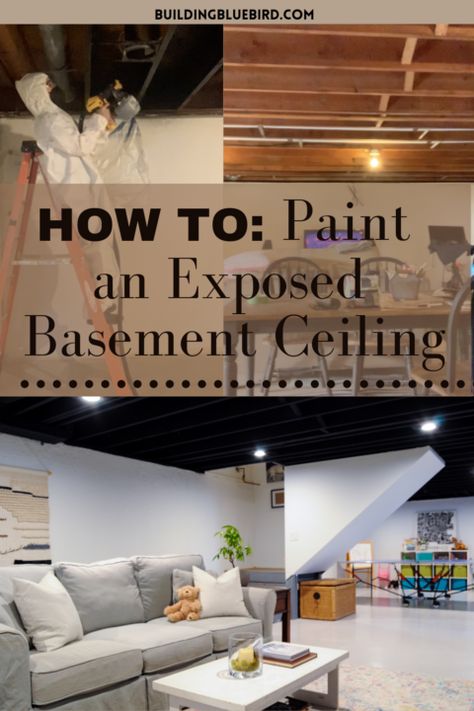 Basement Ceiling Black, Unfinished Basement Ceiling, Exposed Basement Ceiling, Basement Ceiling Painted, Industrial Basement, Rangement Art, Basement Decoration, Exposed Ceilings, Dream Basement