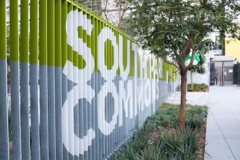 A Shared Backyard for Downtown: South Park Commons « Landscape Architecture Platform | Landezine Place Branding, Movie In The Park, Park Entrance, Sign System, Landscape Architecture Design, Wayfinding Signage, Sign Display, Unique Gardens, Urban Spaces