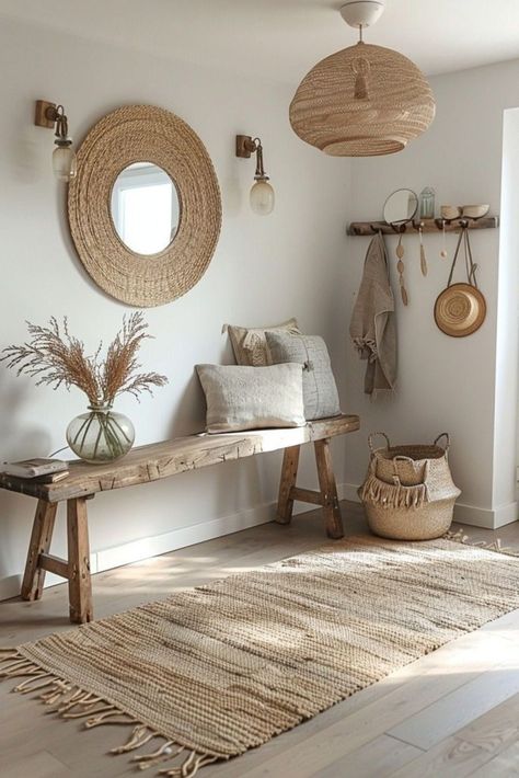 Boho House Entrance, Boho Entryway With Mirror, Coastal Boho Entryway, Boho Bench Entryway, Entryway Shelf With Hooks Boho, Boho Hallway, Minimalist Entryway, Boho Entryway, Brown Sofa Living Room