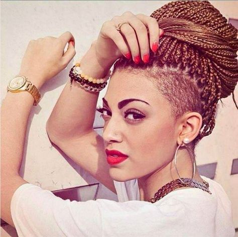 11 Shaved Hairstyles That Will Make You Want an Undercut via Brit + Co Hairstyles For Shaved Sides, Braided Hairstyles With Shaved Sides, Hairstyles With Shaved Sides, Box Braids Shaved Sides, Brown Box Braids, Box Braids Updo, Hairstyles Cornrows, Box Braids Pictures, Flat Twist Hairstyles