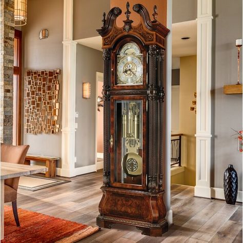 Carved Rosettes, Clock Wood, Walnut Burl, Howard Miller, Curio Cabinet, Grandfather Clock, Blue Elephants, Antique Wall Clock, Beveled Glass