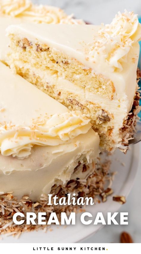 Southern-style Italian Cream Cake is the most delicious sponge cake, covered in cream cheese frosting, and bursting with the flavors of almonds, pecans, and coconut.This luscious layer cake is easy to decorate and incredibly impressive! Mini Italian Cream Cake, Italian Coconut Cake, Easy Italian Cream Cake Recipe, Italian Cream Cake From Box Cake, Italian Wedding Cake Recipe, Italian Rum Cake Recipe, Italian Cake Recipes, Italian Cream Cheese Cake, Italian Rum Cake