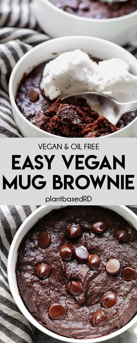 Easy Vegan Mug Brownie (vegan & oil free) – Plant Based RD Gluten Free Plant Based Desserts, Vegan Dessert Recipes Easy 4 Ingredients, Vegan Plant Based Desserts, Plant Based Sweets And Treats, Oil Free Desserts, Wfpb Dessert Recipes, Simple Wfpb Recipes, Vegan Oil Free Dessert, Plant Based Deserts