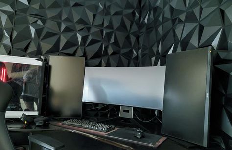 3d wall panels day shot - gaming post - Imgur Drop Ceiling Panels, Company Logo Wall, Drop Ceiling Tiles, Battle Station, Textured Wall Panels, Computer Build, Gaming Setups, Diamond Wall, Pvc Wall Panels