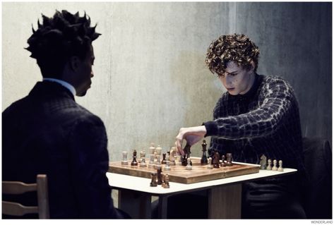 Boyd Alves & Lewis Chesson-Grieve Play Chess for Wonderland | The Fashionisto How To Play Chess, Wonderland Magazine, Play Chess, To Wonderland, Playing Chess, The Vampire Chronicles, Europe Aesthetic, Cool Poses, Body Poses