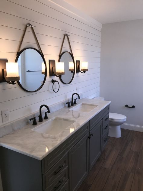 Wood tile floor, gray vanity, white ship lap Master Bathrooms 2024 Trends Farmhouse, Bathroom Design Wood, Farmhouse Bathrooms, Guest Bathroom Design, Wood Floor Bathroom, Shiplap Bathroom, Farmhouse Bathroom Vanity, Coastal Bathroom, Grey Bathroom Vanity