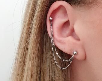 Helix to lobe chain | Etsy Hypoallergenic Earrings Sensitive Ears, Helix Chain, 3 Lobe Piercings, Cartilage Earrings Chain, Chain Piercing, Cartilage Chain, Piercing Chain, Star Cartilage Earring, Second Hole Earrings