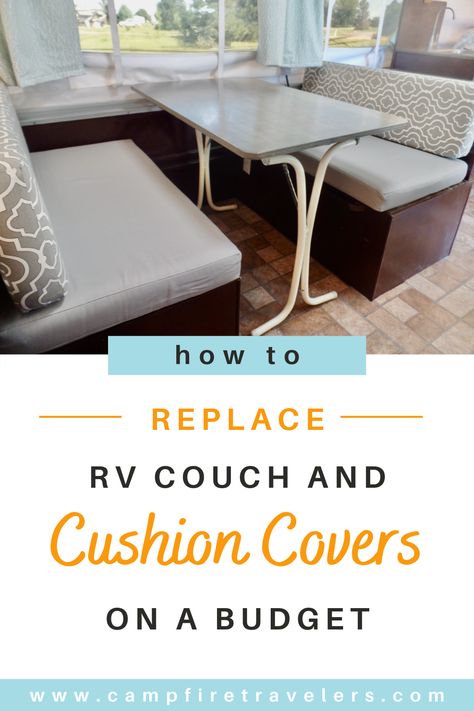 Recovering Rv Dinette Cushions, Rv U Shape Dinette Remodel, Diy Rv Couch, Rv Dinette Remodel, Rv Transformation, Skoolie Design, Camper Cushion Covers, Rv Dinette Cushion Covers, Rv Cushions