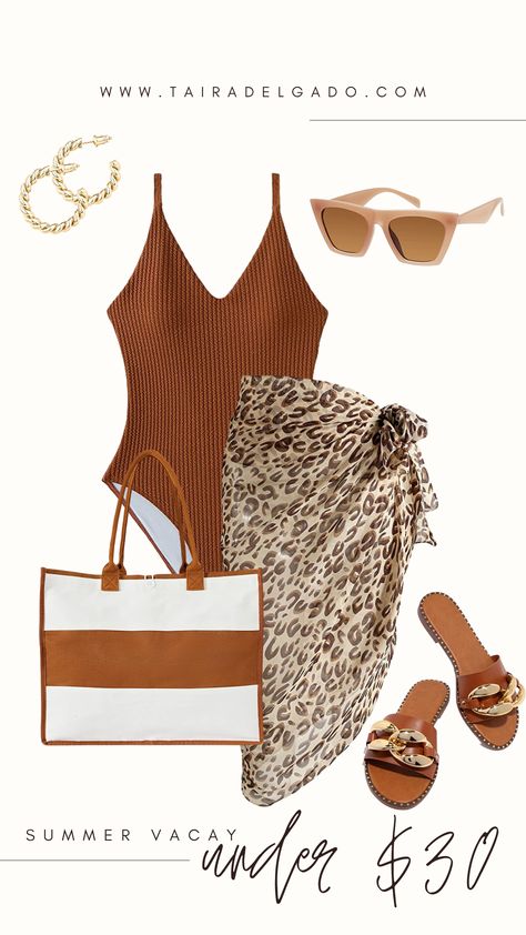 Clothes For The Beach Vacation Outfits, Fancy Beach Dinner Outfit, Safari Honeymoon Outfit, Barbados Outfits Summer, Resort Chic Outfit, Holiday Outfits Summer Mid Size, Brown Swimsuit Outfit, Dinner At The Beach Outfit, Jamaica Resort Outfits